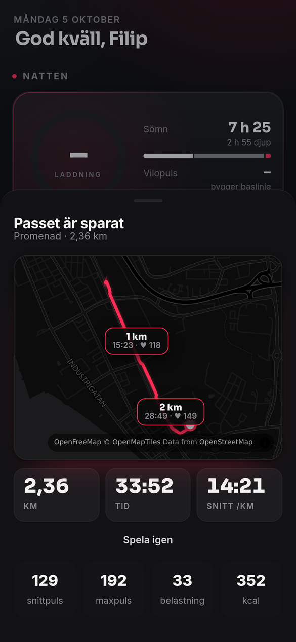 Rundan spelas upp på kartan med checkpoints för varje kilometer.
